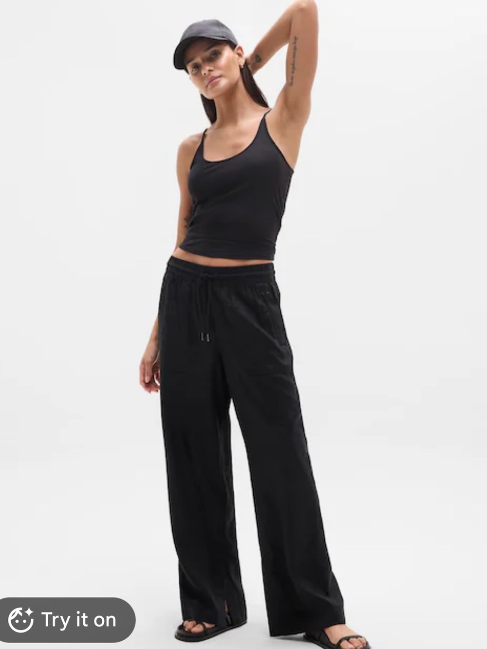 Athleta Wide Leg Black Linen Pants Size Large Drawstring Athleisure NWOT